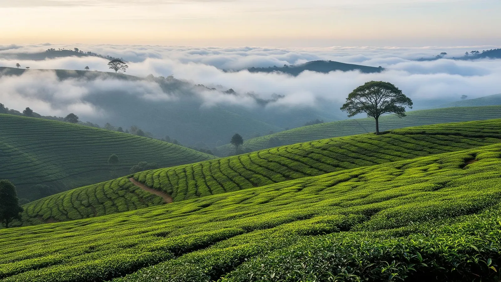 Rolling Nilgiri tea gardens drifting into low clouds