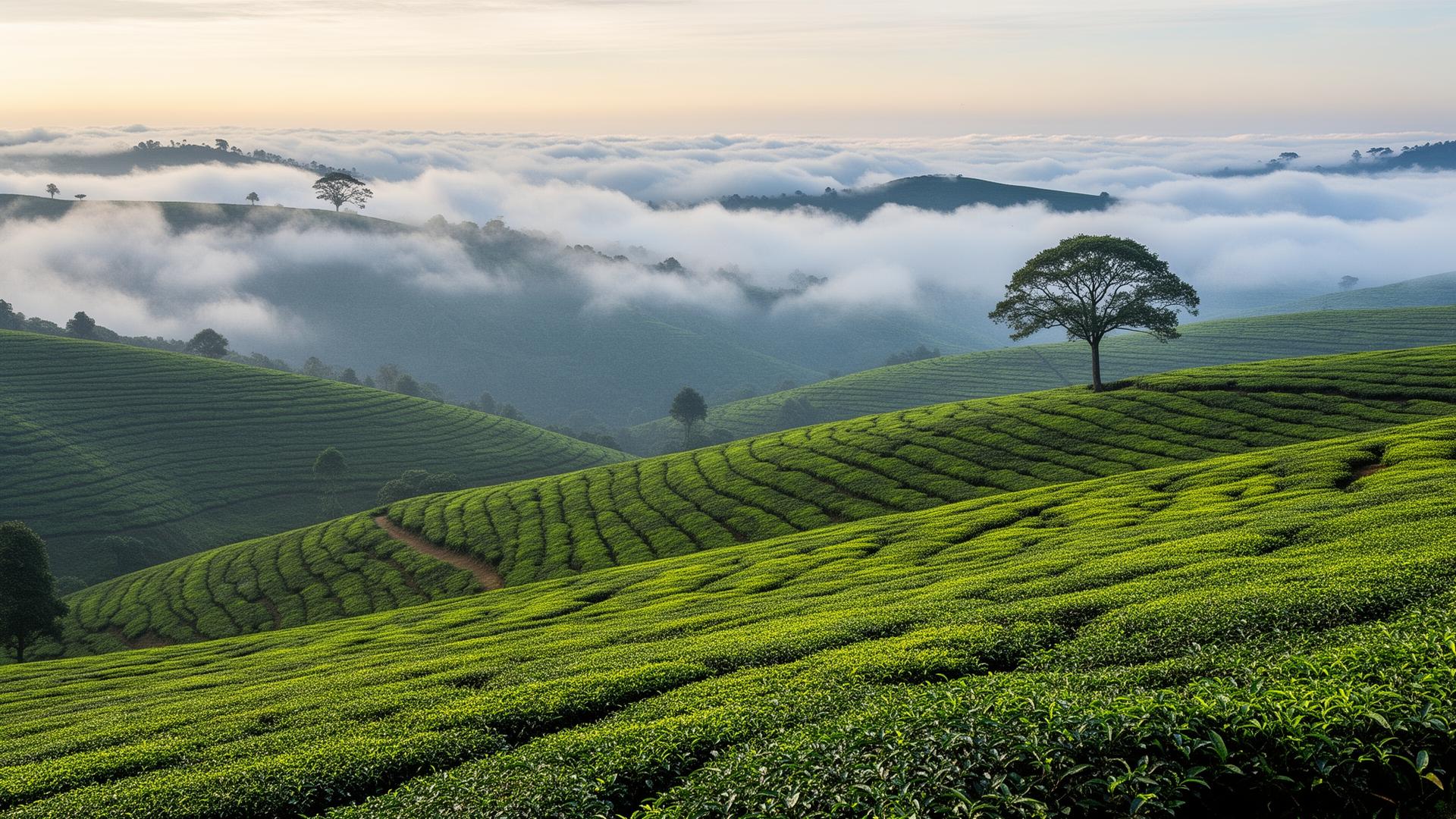 Rolling Nilgiri tea gardens drifting into low clouds