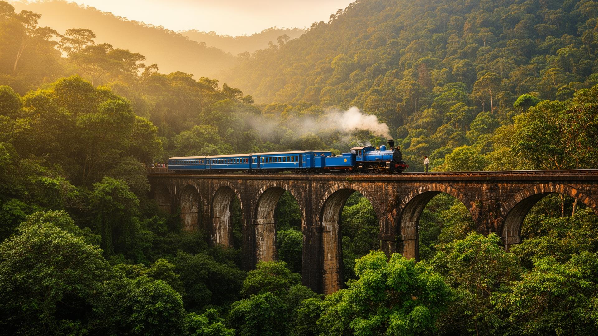 Nilgiri Mountain Railway toy train on a stone viaduct above forest
